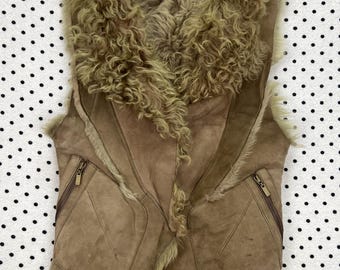 Vintage Genuine Sheepskin Shearling Vest Brown Curly Wool Fur Collar Leather Gilet