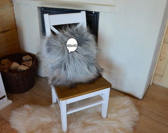 Gray Sheepskin Cushion – Scandinavian Natural Fur Pillow, Soft Fluffy Sheepskin Decor (40x40–50x50 cm)
