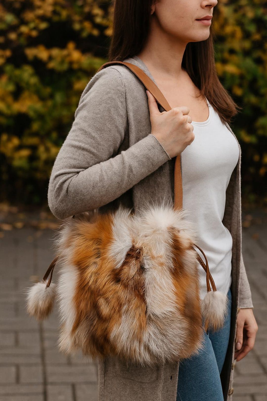 Handmade Beige Leather Handbag | Rabbit Fur, Fluffy Shoulder Bag - Etsy