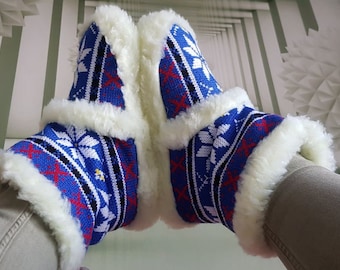 Warm  Wool Slippers Ladies Womens Mens Winter Blue&Grey Booties Boots Pure Sheep Wool Natural Soft