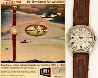 vintage 1940s WWII Gruen Veri-Thin Precision Pan American Navigator Aviator Aviateur militaire Montre-bracelet