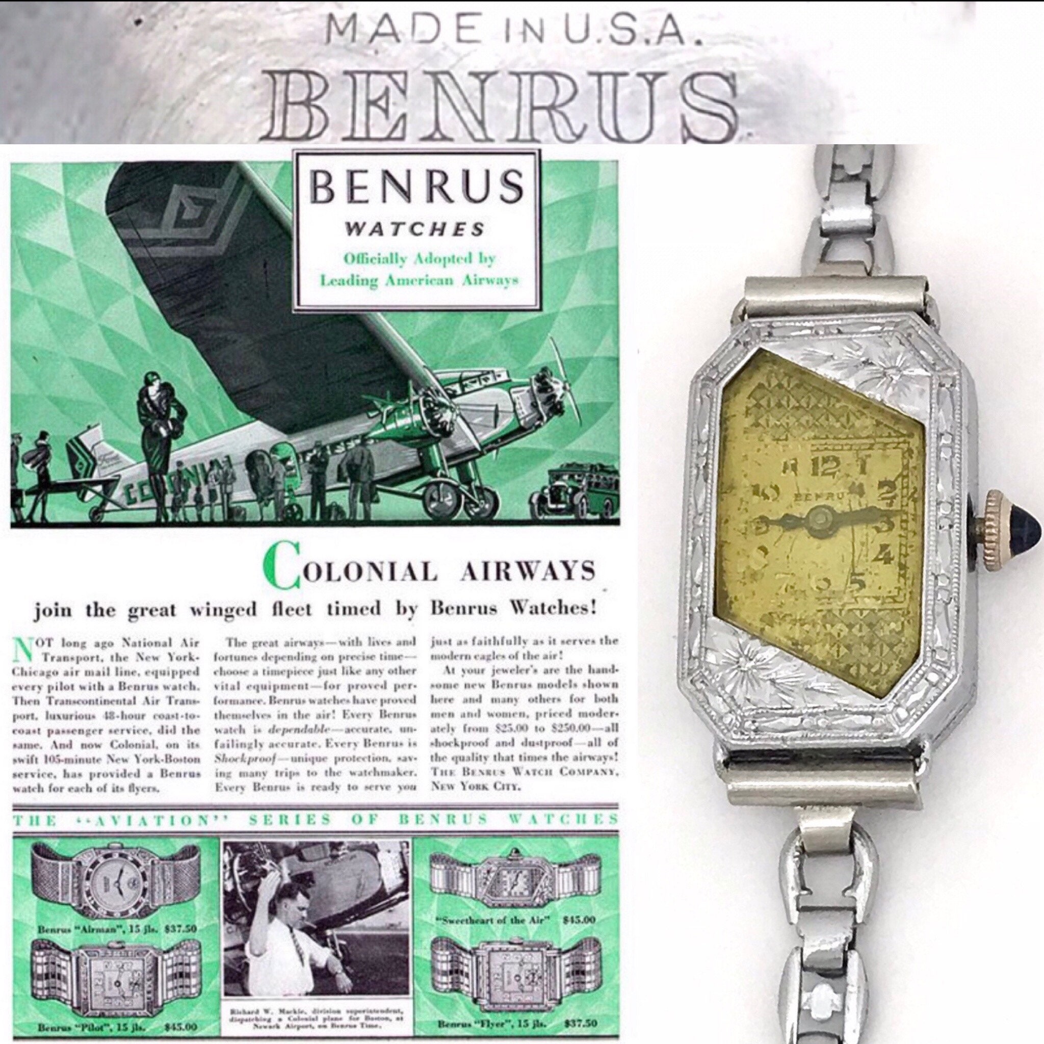 Rare 1920s Art Deco Benrus Model Sweetheart Of The Air Ladies Wristwatch