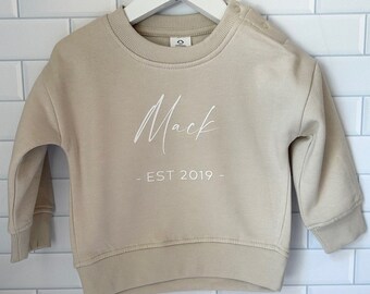 Personalised baby name jumper, custom kids sweater, EST fleece sweatshirt, custom childrens sweat, toddler birthday outfit, baby shower gift