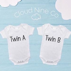 Twin A, Twin B Matching Twin Bodysuits | Matching Newborn Romper Set For Twins | Multiple Birth Baby Shower Gift Idea | Twin ID Label Outfit