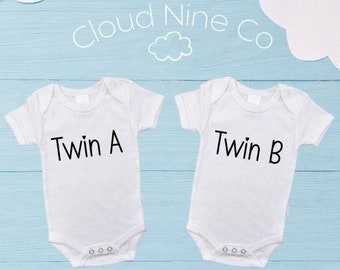 Twin A Twin B matching bodysuits, custom twin onesies, newborn twin gift, multiple birth onesie set, baby shower gift, double trouble romper