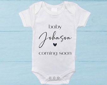 Custom Coming Soon baby name onesie, personalised pregnancy announcement, pregnancy reveal onesie, gender neutral new baby, baby shower gift