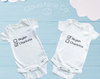 Custom twin onesies, tick box with names, twin bodysuits, check box name onesies, matching twins outfits, gifts for twins, baby shower gift