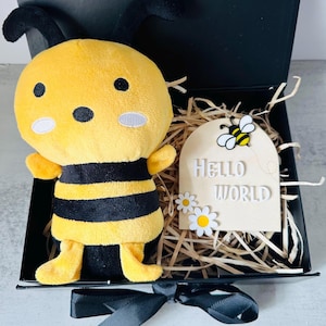 Hello World Bumblebee Bundle Gift Box, Name Announcement Sign with Bumblebee Soft Plush Toy, Newborn Reveal, Honey Bee Nursery Decor