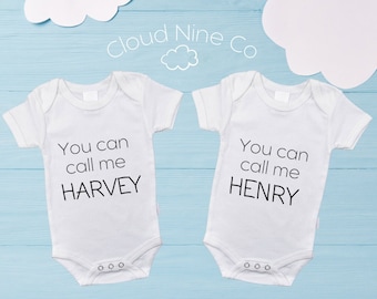 Personalised names on bodysuits, custom twin pregnancy announcement, individual names on onesies, gifts for twins, 'You Can Call Me'...