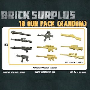 May include: A pack of 10 randomly selected LEGO gun models. The guns are in various colours, including black, gold, and silver. The pack includes a variety of styles, including rifles, pistols, and shotguns. The image also includes the text "BRICK SURPLUS 10 GUN PACK CRANDOM)" and "*SELECTION MAY VARY*"
