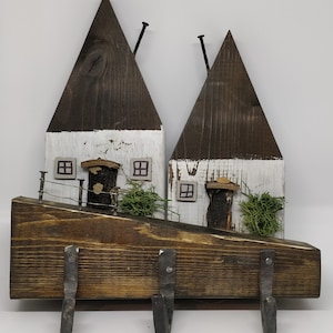Wooden House Key Holder, Key Holder, Entryway Key Holder, Key Hook, Key Hanger, Wall Mounted, Hand Forged Iron Hooks, Handcrafted, Forged
