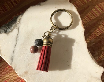 Essential Oil Tassel Key Chain Diffuser // Natural Lava Bead // Faux Suede