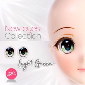 Puede incluir: Un par de ojos de muñeca verde claro con pupilas negras y un iris blanco. Los ojos están sobre un fondo blanco con el texto "New eyes Collection" y "Light Green".