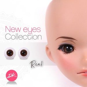 May include: Two brown doll eyes with black pupils, a doll head with brown eyebrows and brown eyes, and the text "New eyes Collection Real" in pink.