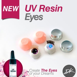 May include: New UV Resin Eyes for doll making. Two pairs of eyes with different designs, two small pink containers, two silver metal eye sockets, and a bottle of UV resin. The text "Create The Eyes of your Dreams" is on the bottom of the image.