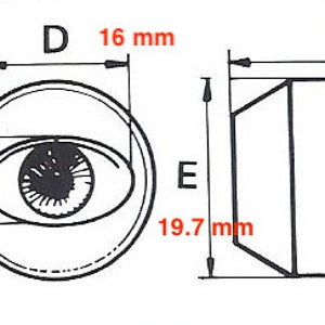 May include: A black and white illustration of two different sizes of doll eyes. The larger eye measures 18.3 mm in diameter and 19.7 mm in height. The smaller eye measures 16 mm in diameter and 10.2 mm in height.