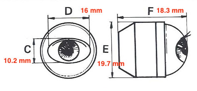 May include: A black and white illustration of two different sizes of doll eyes. The larger eye measures 18.3 mm in diameter and 19.7 mm in height. The smaller eye measures 16 mm in diameter and 10.2 mm in height.