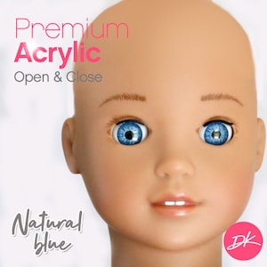 May include: Close-up of a doll's face with blue acrylic eyes. The eyes are open and have a natural blue color. The doll's face is made of a light-toned plastic. The text "Premium Acrylic Open & Close" and "Natural Blue" is visible in the image.