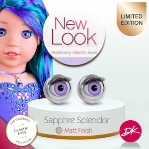 May include: A pair of purple and silver stationary doll eyes with eyelashes. The eyes are labeled "Sapphire Splendor" and "Matt Finish". The packaging also includes the text "New Look" and "Limited Edition".