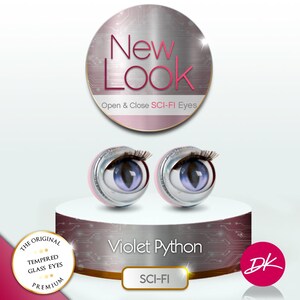 May include: Two violet-colored, sci-fi eyes with eyelashes, displayed on a white pedestal. The eyes are labeled "Violet Python" and "SCI-FI". The image also includes a circular logo that says "New Look" and "Open & Close SCI-FI Eyes".