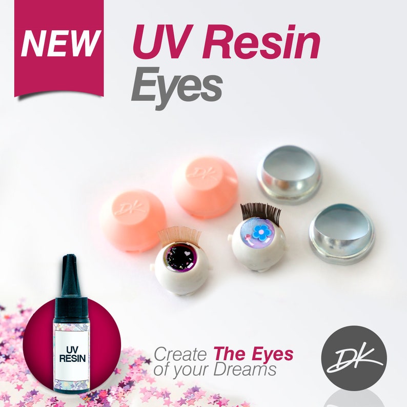 May include: New UV Resin Eyes for doll making. Two pairs of eyes with different designs, two small pink containers, two silver metal eye sockets, and a bottle of UV resin. The text "Create The Eyes of your Dreams" is on the bottom of the image.