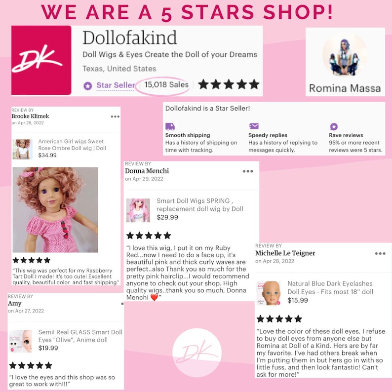May include: A close-up of a doll wig shop's Etsy listing. The shop is called Dollofakind and is a Star Seller with over 15,000 sales. The listing features a variety of doll wigs and eyes, including a sweet rose ombre doll wig, a smart doll wig in spring, and natural blue dark eyelashes. The shop also offers semi-real glass smart doll eyes in olive.