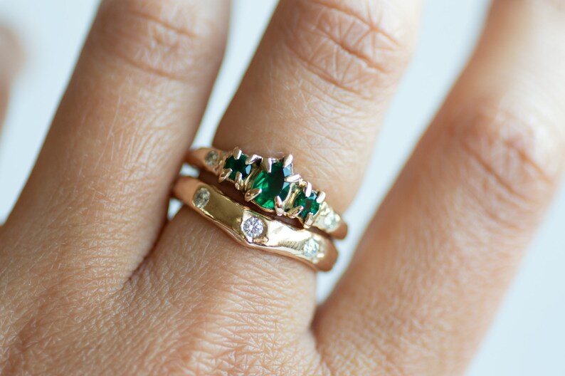 Mae Emerald Engagement Ring, Emerald and Diamond Ring, 14K Gold Engagement ring, Claw Engagement Ring, Nature Engagement Ring, freeform image 4