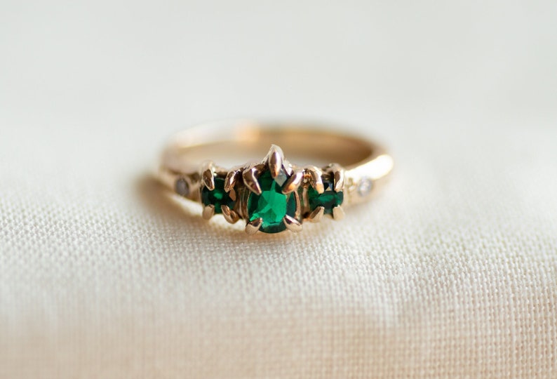 Mae Emerald Engagement Ring, Emerald and Diamond Ring, 14K Gold Engagement ring, Claw Engagement Ring, Nature Engagement Ring, freeform image 1