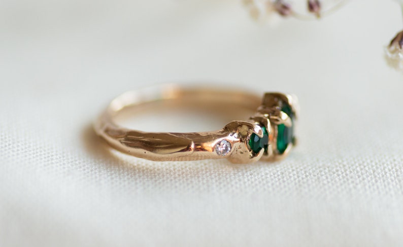 Mae Emerald Engagement Ring, Emerald and Diamond Ring, 14K Gold Engagement ring, Claw Engagement Ring, Nature Engagement Ring, freeform image 6