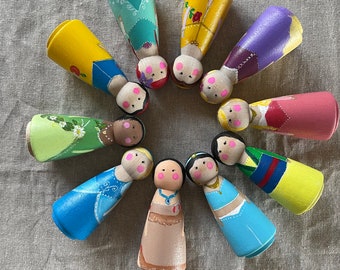 Hand-Painted Peg Doll Disney Princesses, Wooden Toys