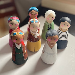 Hand painted peg dolls, wooden dolls, women in history, educational, wooden toys