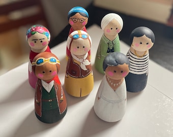 Hand painted peg dolls, wooden dolls, women in history, educational, wooden toys