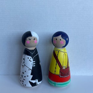 Peg dolls, cruella peg doll, coraline peg doll, hand painted dolls, wooden dolls, wooden toys