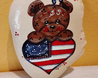 Patriotic Teddy Bear American Flag Heart Painted River Rock – Americana Artystone Garden Decor