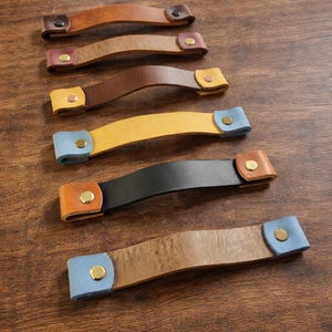 Handmade Genuine  Leather Cabinet Handles Drawer Pulls 6 Styles & 5 Hardware Finishes Modern Rustic Home Décor 2.5” to 12” Size Scandi Ikea