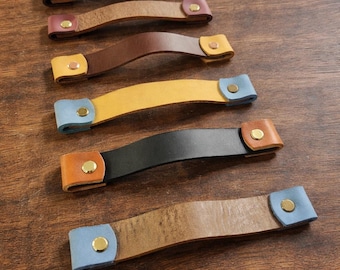 Genuine Leather Cabinet Handles, Modern Rustic Drawer Pulls, Scandinavian Decor, 6 Styles, 5 Finishes