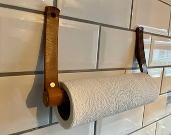 Antique Tan Leather Solid Brass fixing kit Kitchen Roll Holder Kit leather hooks and wood dowel Linseed Bathroom accessories