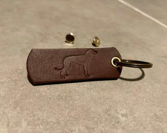 Personalised Greyhound/lurcher   Leather Keychain/Keyring. Dog tag Dark Brown/Gold, ( FREE GIFT WRAPPING)