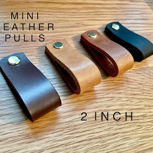 Può includere: Quattro tiretti in pelle di colore marrone, beige e nero con una vite in ottone. I tiretti misurano 5 cm di lunghezza e sono etichettati "MINI LEATHER PULLS".