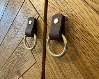Leather pulls Dark brown brass ring Leather drawer handles leather cabinet pulls Leather knob leather loop pulls scandi