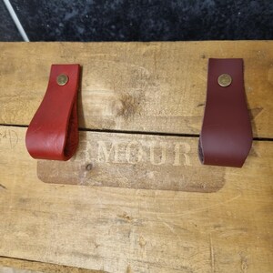 May include: Two leather pull handles in red and burgundy, each secured with a brass rivet. The handles are on a wooden surface with the word "AMOUR" faintly visible.