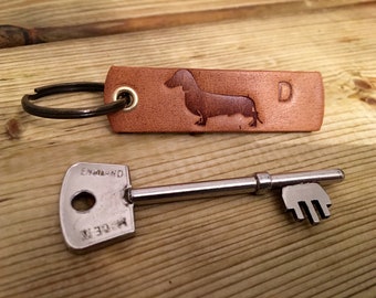 Personalized sausage dog dachshund Leather Keychain/Keyring. Dark Tan/Gold, ( FREE GIFT WRAPPING) initial