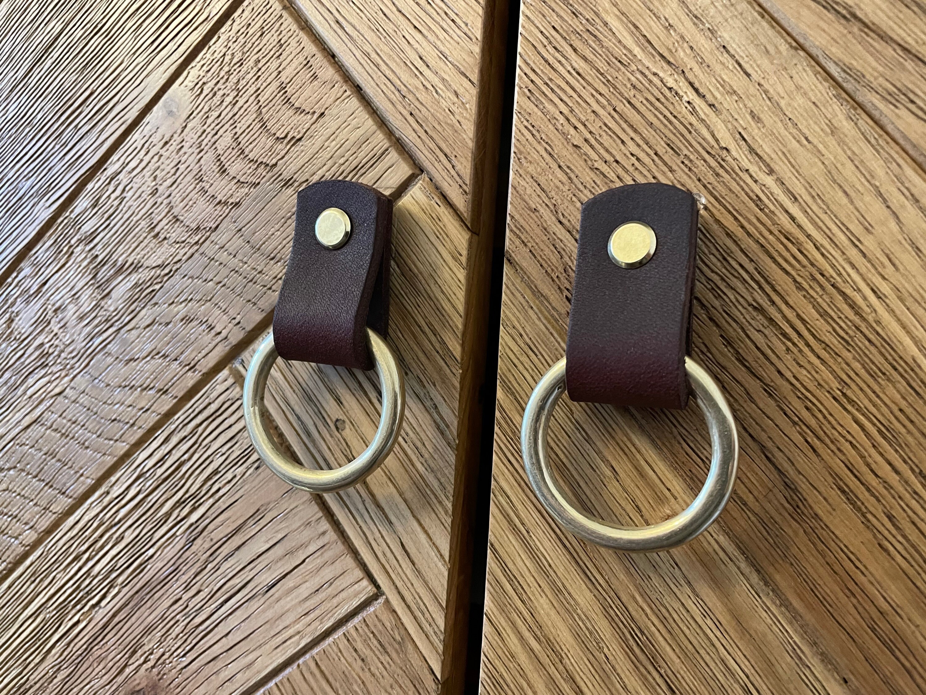 Leather pulls Dark brown brass ring Leather drawer handles Etsy