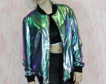 Les femmes irisé transparent Veste Holographique Manteau Rainbow Bomber Tops Outwear 