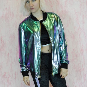 S//M Womens Mens Holographic SILVER Metallic Bomber Jacket Summer Festivals Rave