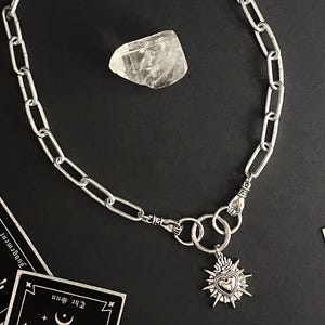 SACRED HEART & HAND hardware necklace, alternative choker, grunge jewelry, alt gothic punk, unisex barbed spikes heart, steel chunky chain