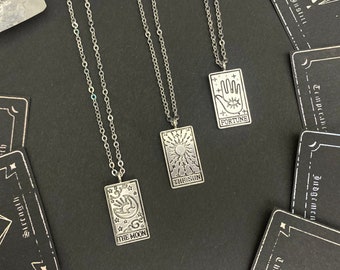 TAROT CARD NECKLACE, Moon, Sun, Fortune, gothic jewelry, 90s witchy grunge pendant, y2k dark academia, phases of the moon necklace