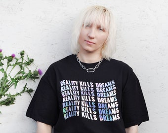 REALITY KILLS tshirt holographic - grunge clothing - unisex - iridescent - grunge aesthetic - y2k - vaporwave shirt - aesthetic clothing