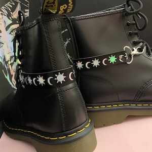SUN AND MOON leather boot strap, holographic vegan leather boot chain, grunge charms, shoe accessories, shoe jewellery, anklet chains charms