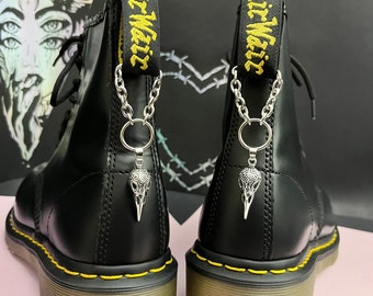 ORNATE RAVEN SKULL boot charms, hanging boot chains, rosary beads boot charm, bird crow skull, alchemy gothic cute witchy style boot chain
